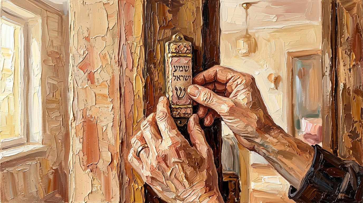 Hands affixing a mezuzah to a doorpost - the Jewish mitzvah of mezuzah explained