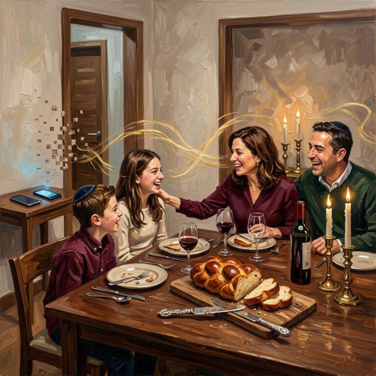 A family gathered around a Shabbat dinner table in contemporary impressionist oil painting style, warm burgundy and gold tones, symbolizing digital detox and connection