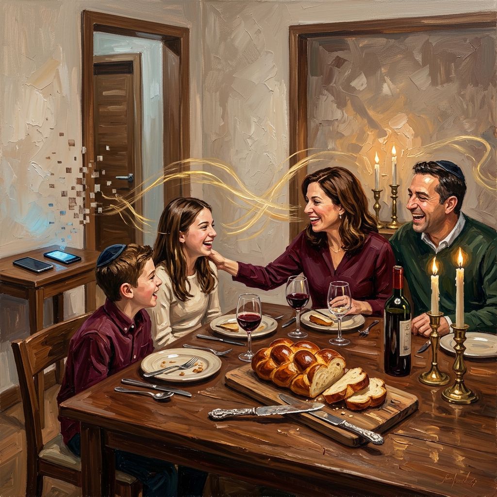 A family gathered around a Shabbat dinner table in contemporary impressionist oil painting style, warm burgundy and gold tones, symbolizing digital detox and connection