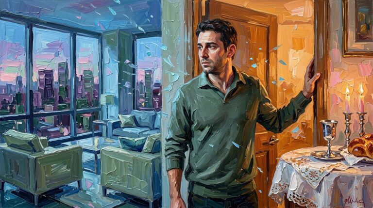 Person in doorway between Shabbat candles and city skyline - Jewish faith crisis adulthood