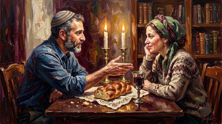 Jewish loneliness two people connecting at Shabbat table contemporary impressionist painting