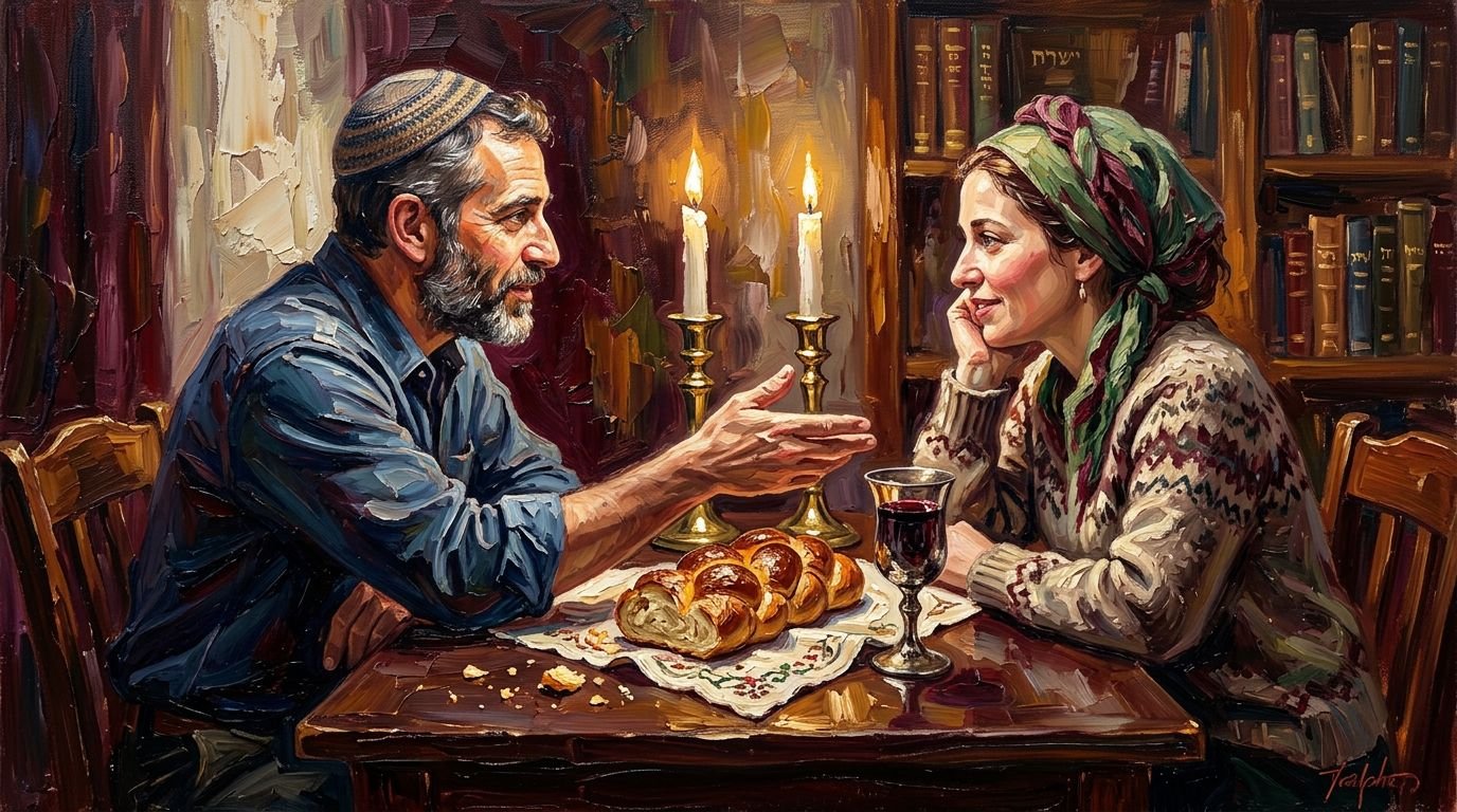 Jewish loneliness two people connecting at Shabbat table contemporary impressionist painting