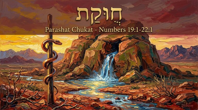 Parashat Chukat red heifer desert landscape with copper serpent and flowing water